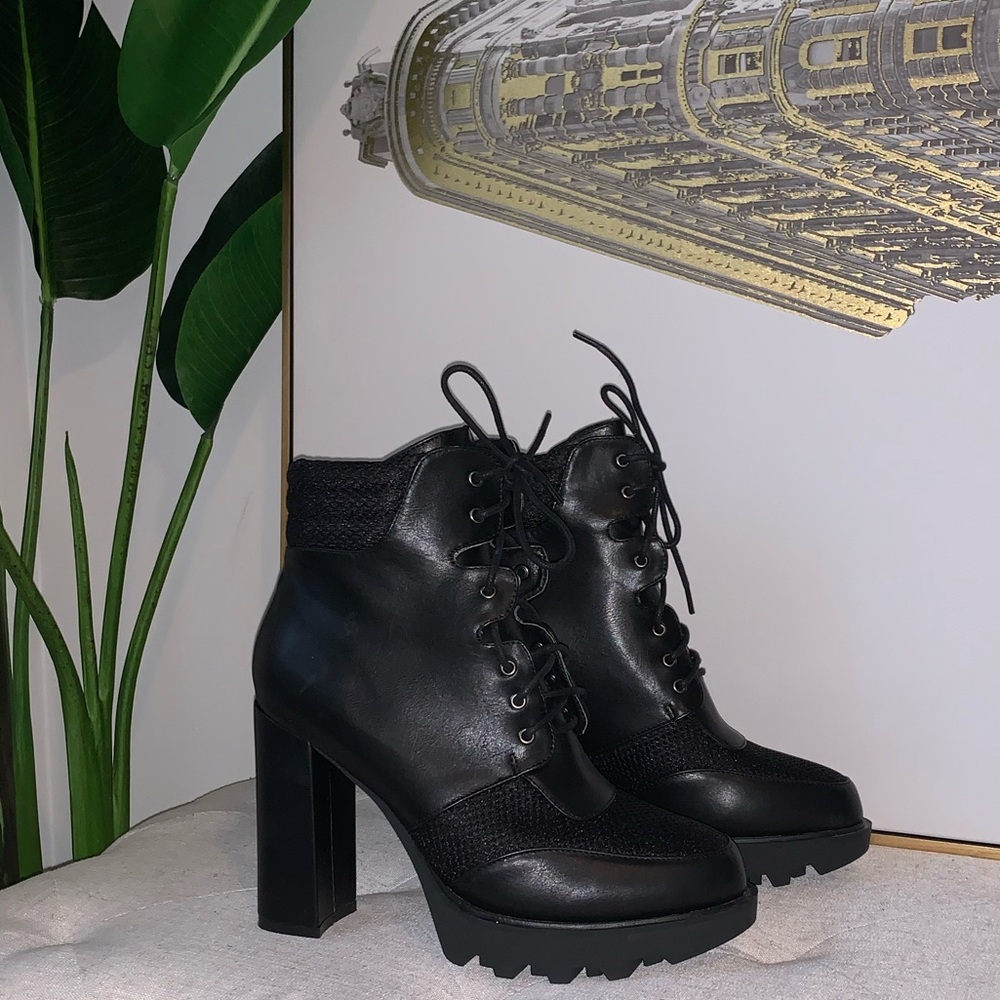 BooHoo Black PU High Heel Boots - Size 8(runs big)